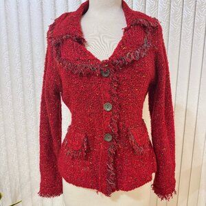 Vintage Red Fringed-trimmed Knit Jacket - M